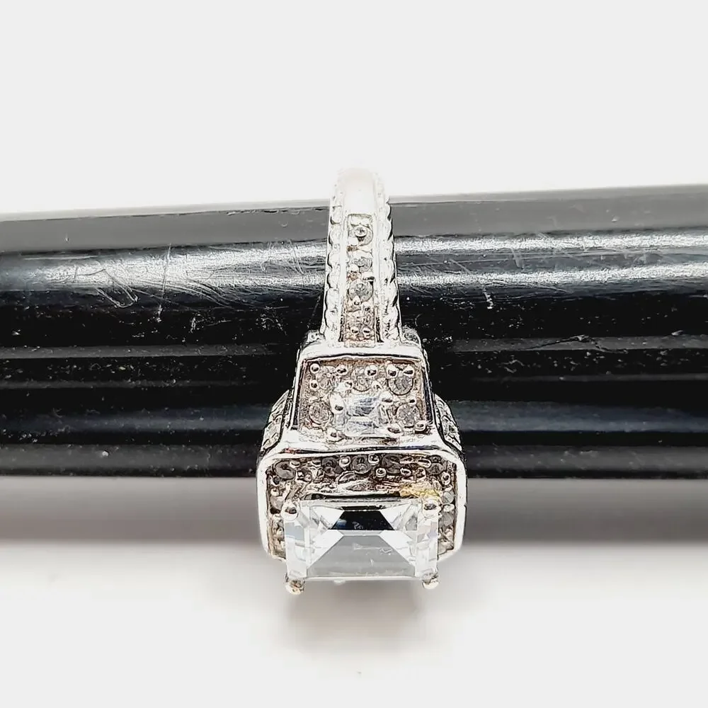 Vintage PJM 925 Sterling Silver Ring – Emerald-Cut Quartz/CZ – Size 7